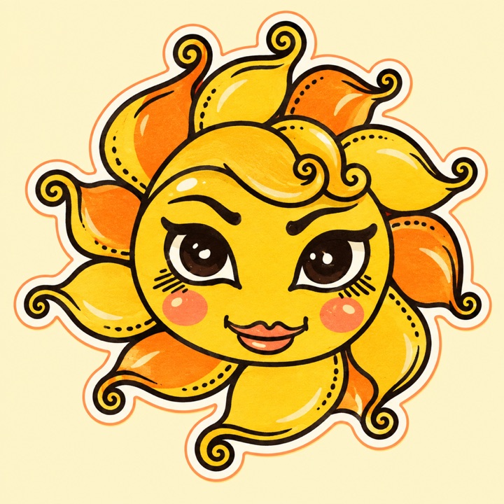 Miss Sunshine：金黃色太陽臉、橘色光芒、微笑的女孩角色