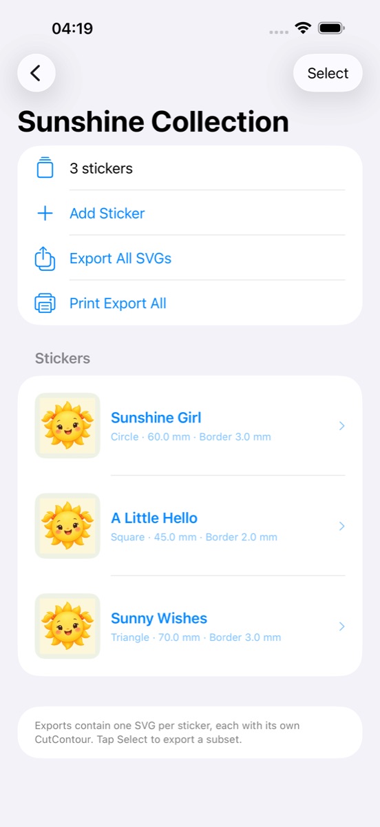 專案畫面：Sunshine Collection 裡的多張貼紙縮圖